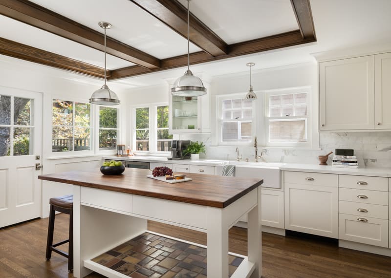 Beamed ceiling and butcher-block island